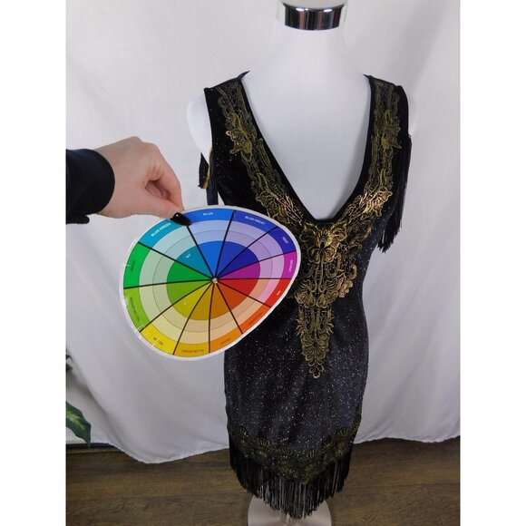 Small Black Gold 1920s Flapper Fringe Dress Glam - Picture 10 of 11
